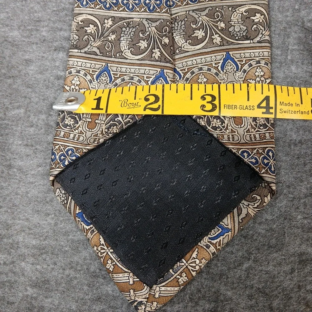 Bill Blass Necktie Mens Gold Brown Blue‎ Silk Architectural Tapestry Pattern